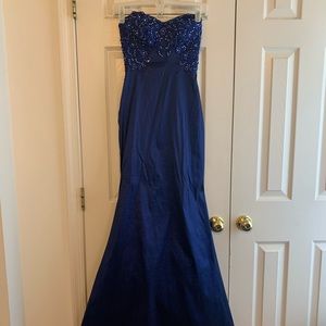 Long navy blue gown with beaded top